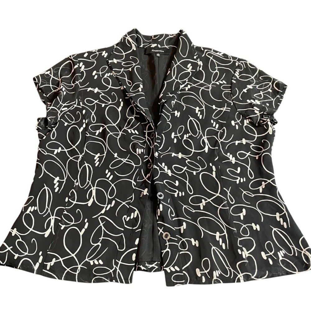 JONESWEAR Women's Black White‎ Swirl Print Short Sleeve Blouse Top Size 14